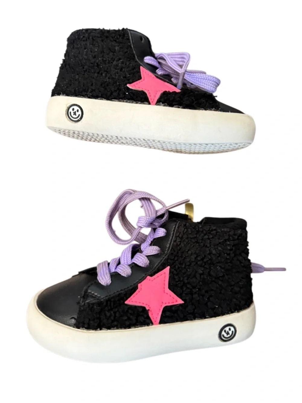 Lola + the Boys Black Sherpa High-Top Sneakers w Pink Star -Size 6